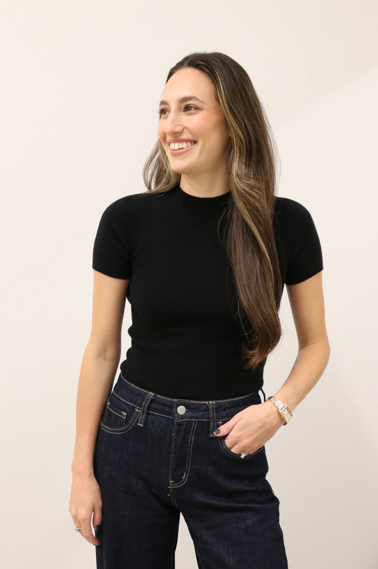 Aura Short Sleeve Soft Knit Sweater Top - Black