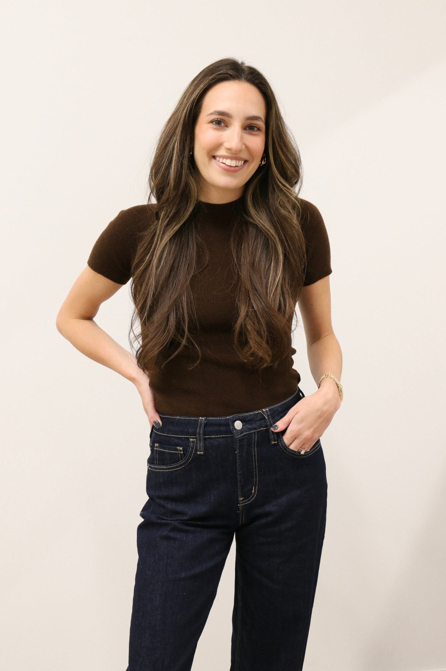 Aura Short Sleeve Soft Knit Sweater Top - Chocolate Brown