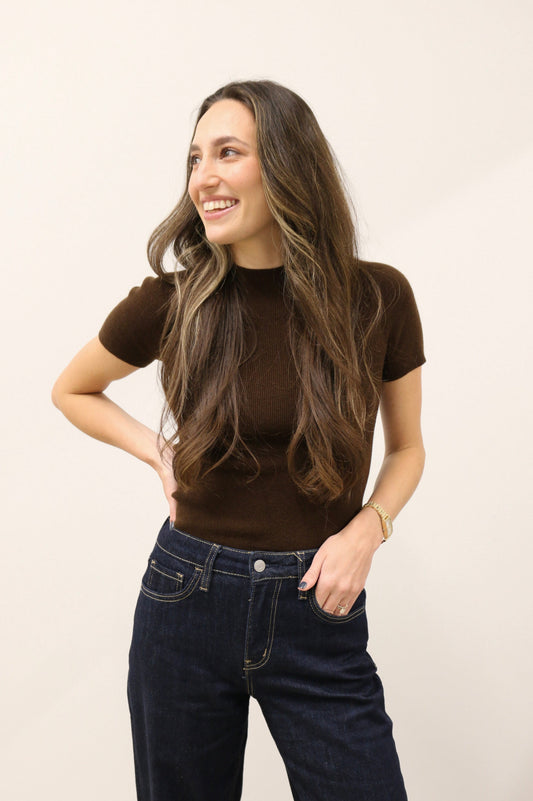 Aura Short Sleeve Soft Knit Sweater Top - Chocolate Brown