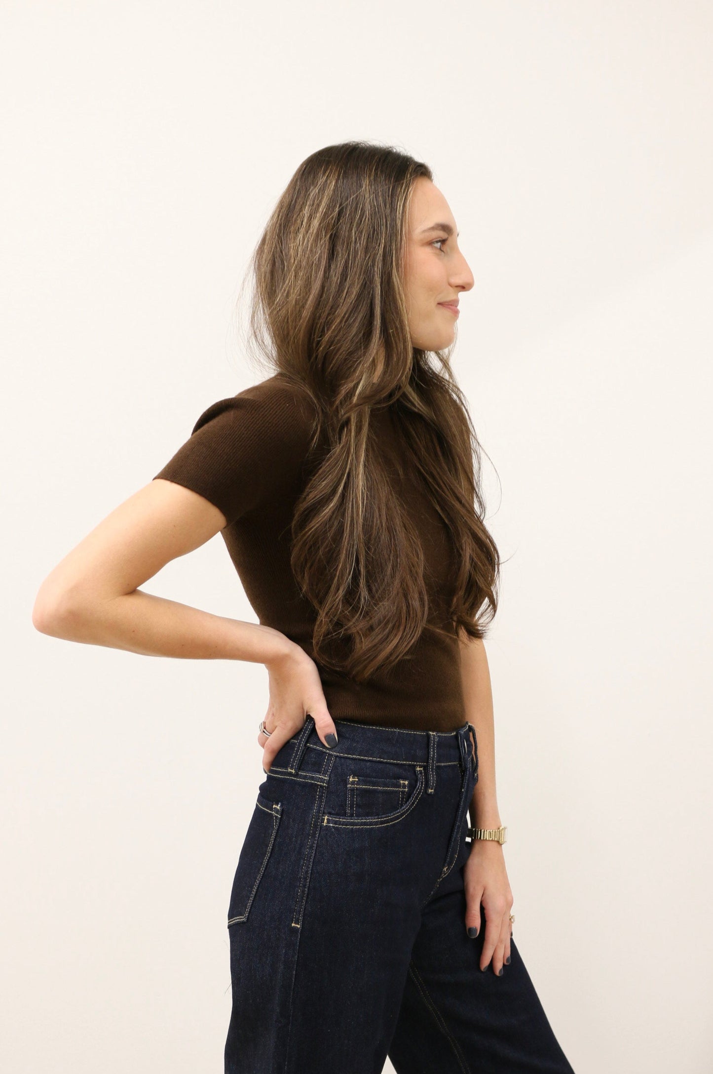 Aura Short Sleeve Soft Knit Sweater Top - Chocolate Brown