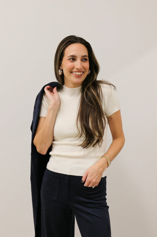 Aura Short Sleeve Soft Knit Sweater Top - Ivory