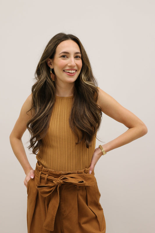 Bailey Sleeveless Ribbed Knit Top - Camel Brown