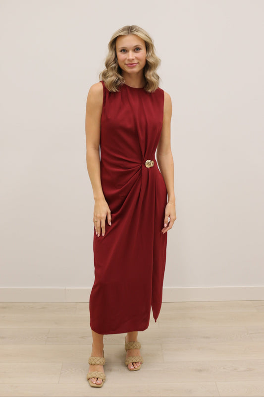 Balina Gold Hardware Draped Sleeveless Solid Midi Dress - Burgundy