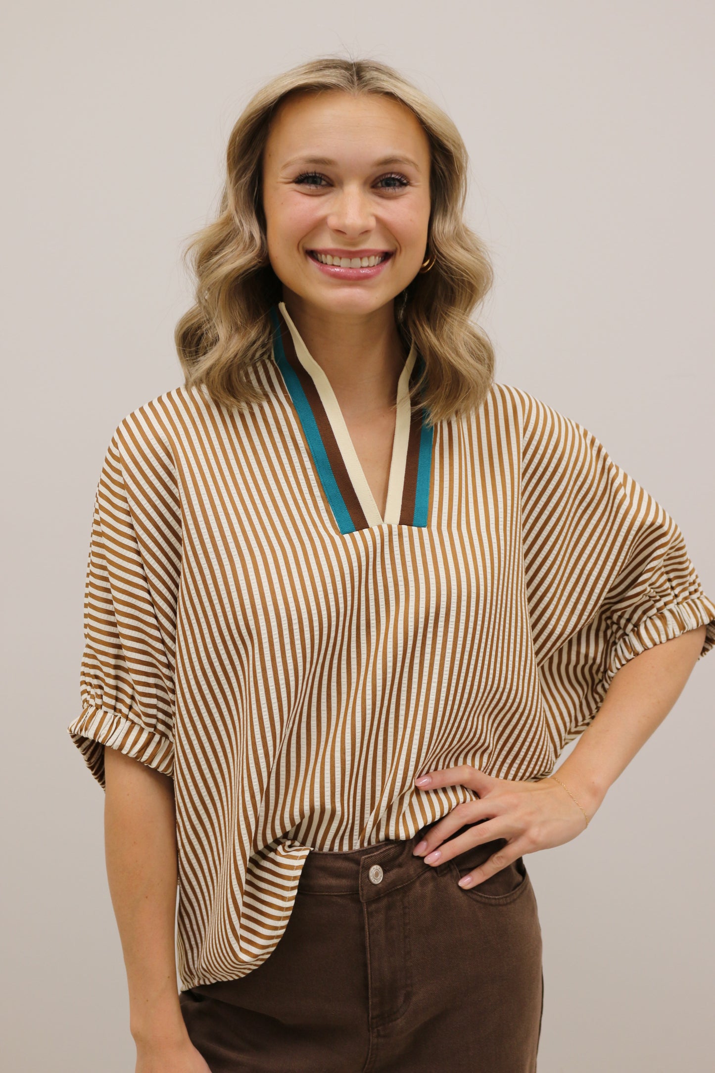 Colorplay Stripe Banded Split Neck Short Sleeve Top - Brown Multi