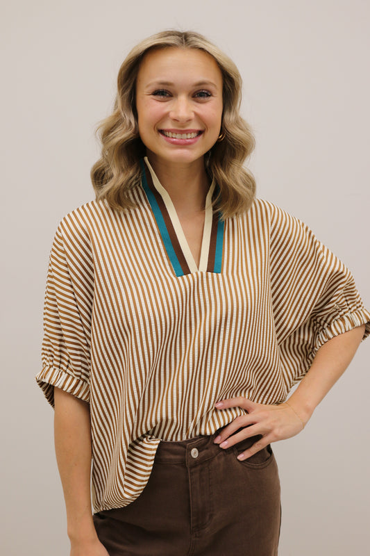 Colorplay Stripe Banded Split Neck Short Sleeve Top - Brown Multi