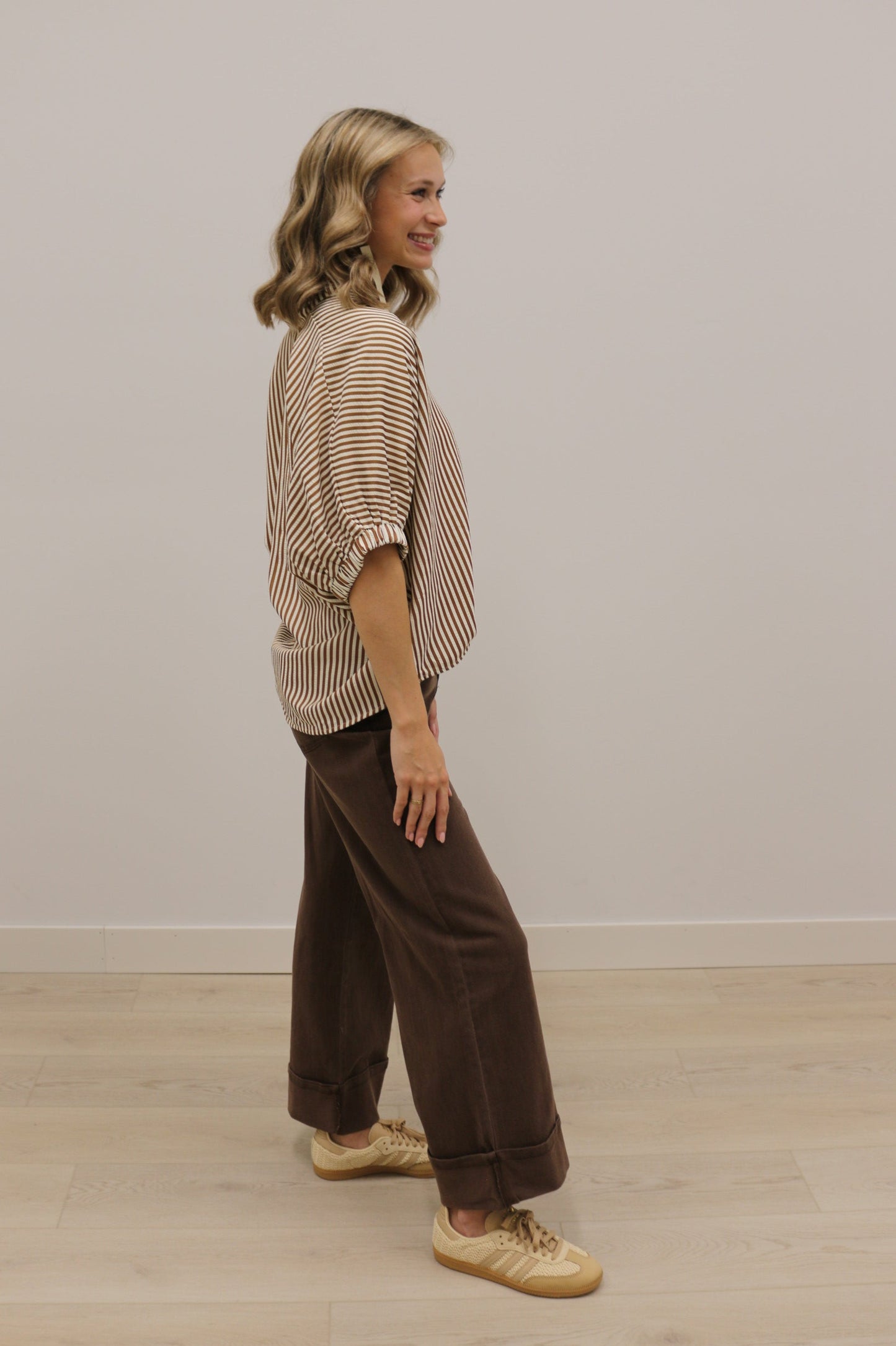 Colorplay Stripe Banded Split Neck Short Sleeve Top - Brown Multi