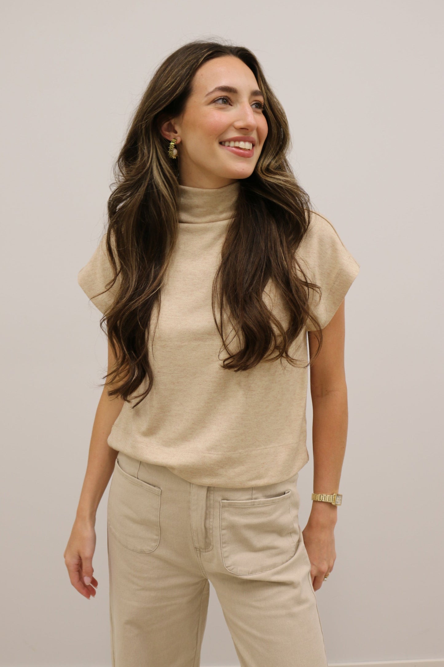 Beckett Curve Mock Neck Short Sleeve Knit Pullover - Oatmeal