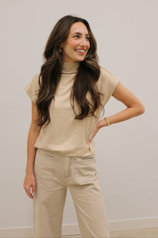 Beckett Curve Mock Neck Short Sleeve Knit Pullover - Oatmeal