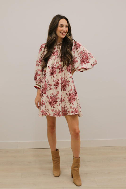 Benson Floral Print Banded Stripe Long Sleeve Mini Dress - Cream Burgundy