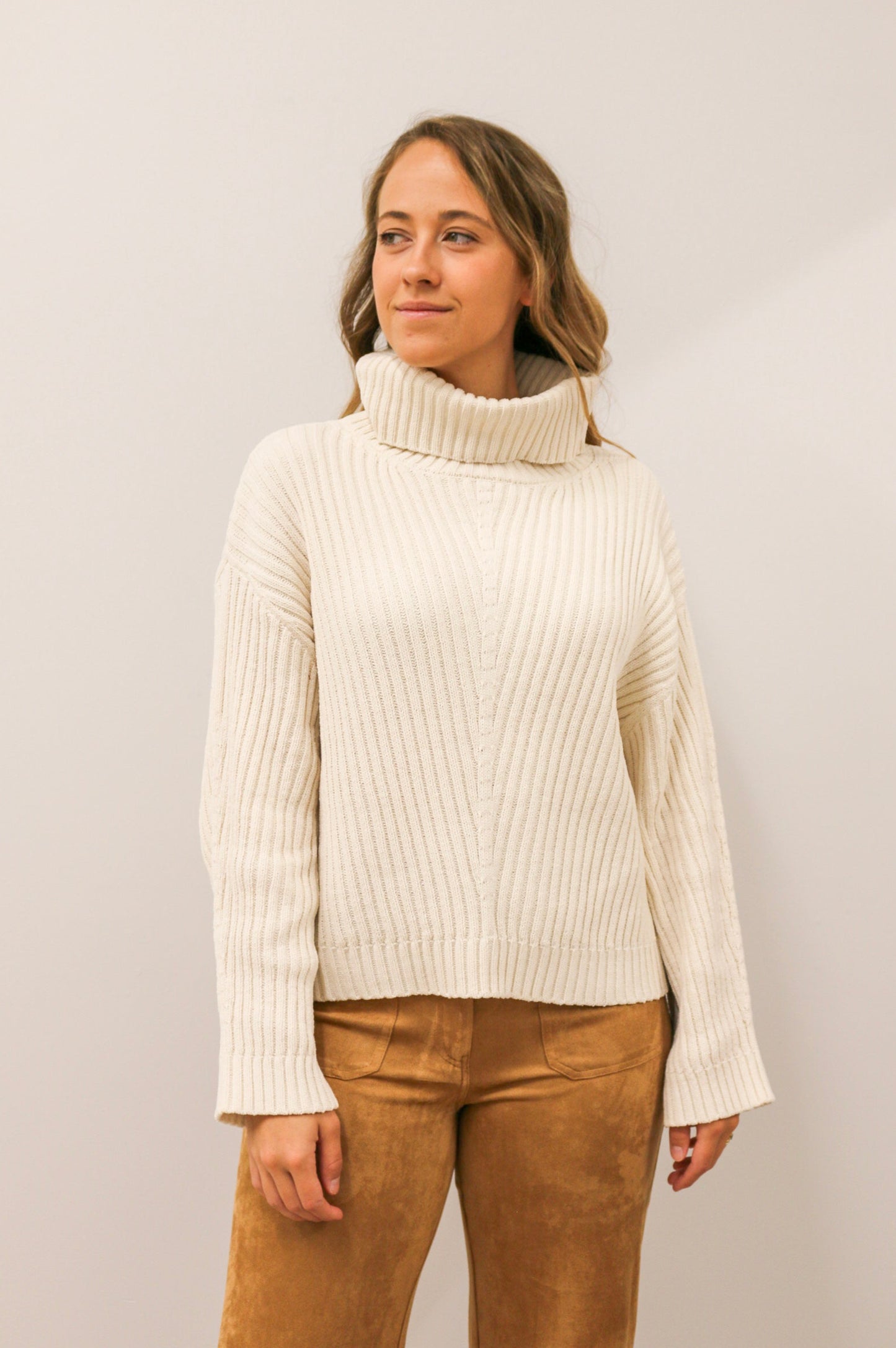 Bethany Ribbed Knit Turtleneck Long Sleeve Sweater - Ivory