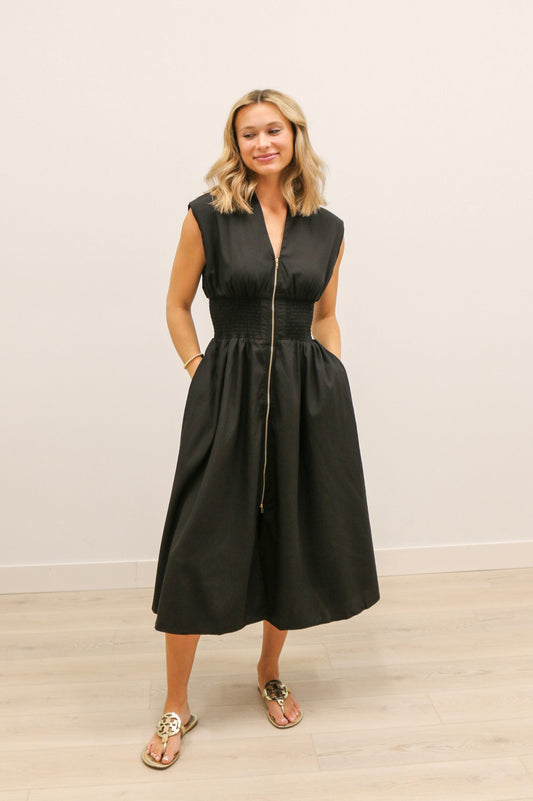 Jackie Zip Front Sleeveless Smocked Waist Midi Dress - Black