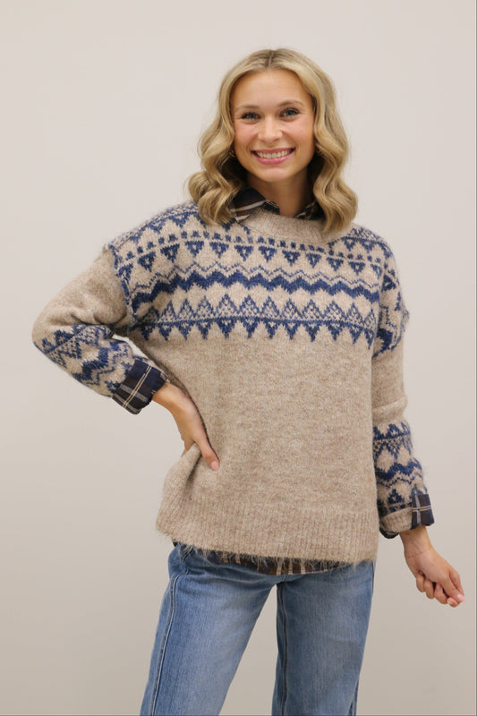 Cabin Fever Oversized Long Sleeve Printed Sweater - Tan Navy
