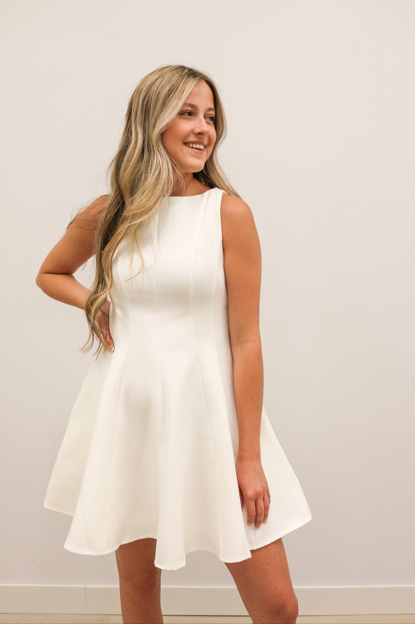 Cecilia Boatneck Sleeveless Swing Mini Dress - White