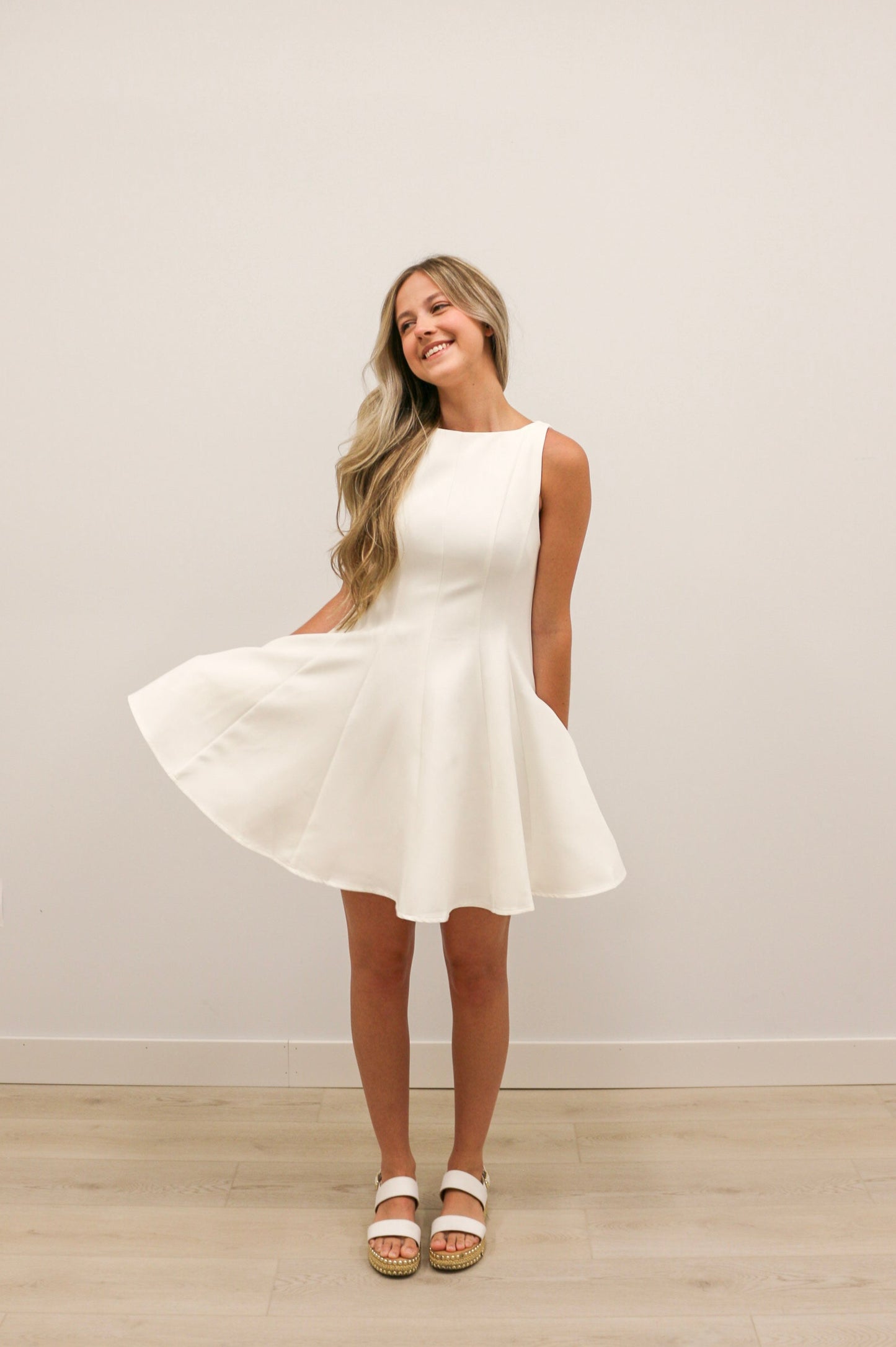Cecilia Boatneck Sleeveless Swing Mini Dress - White