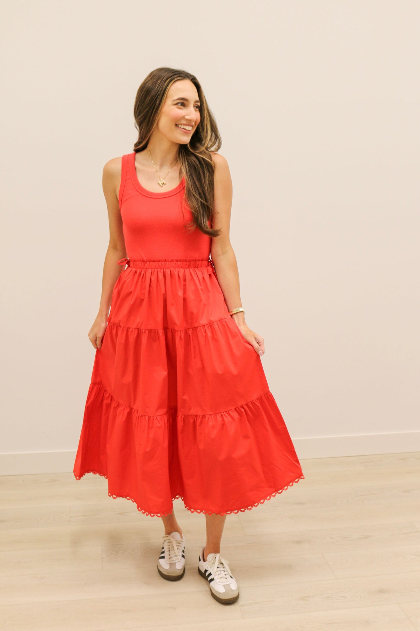 Chanler Sleeveless Knit Mixed Media Poplin Skirt Midi Dress - Red