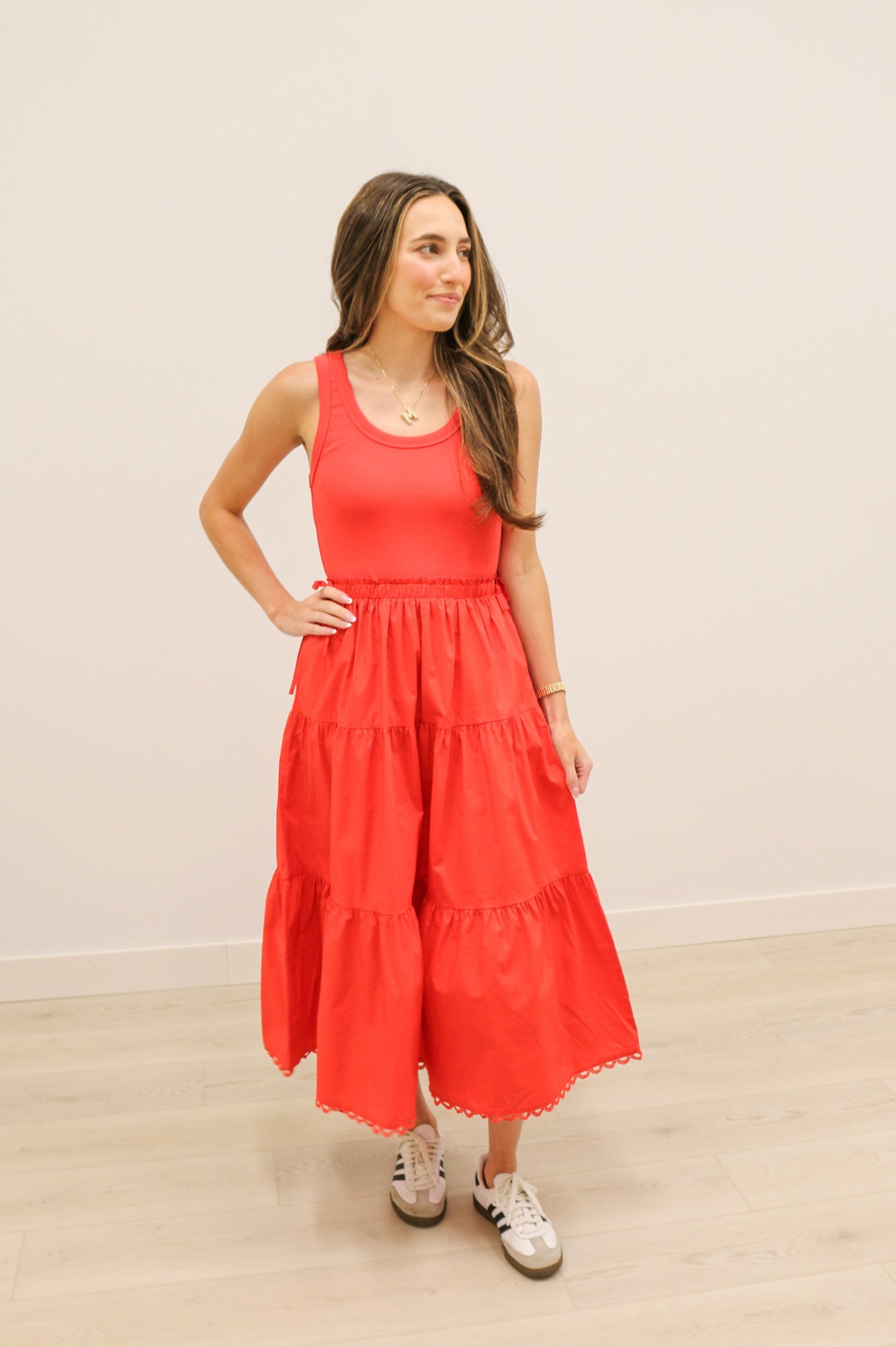 Chanler Sleeveless Knit Mixed Media Poplin Skirt Midi Dress - Red