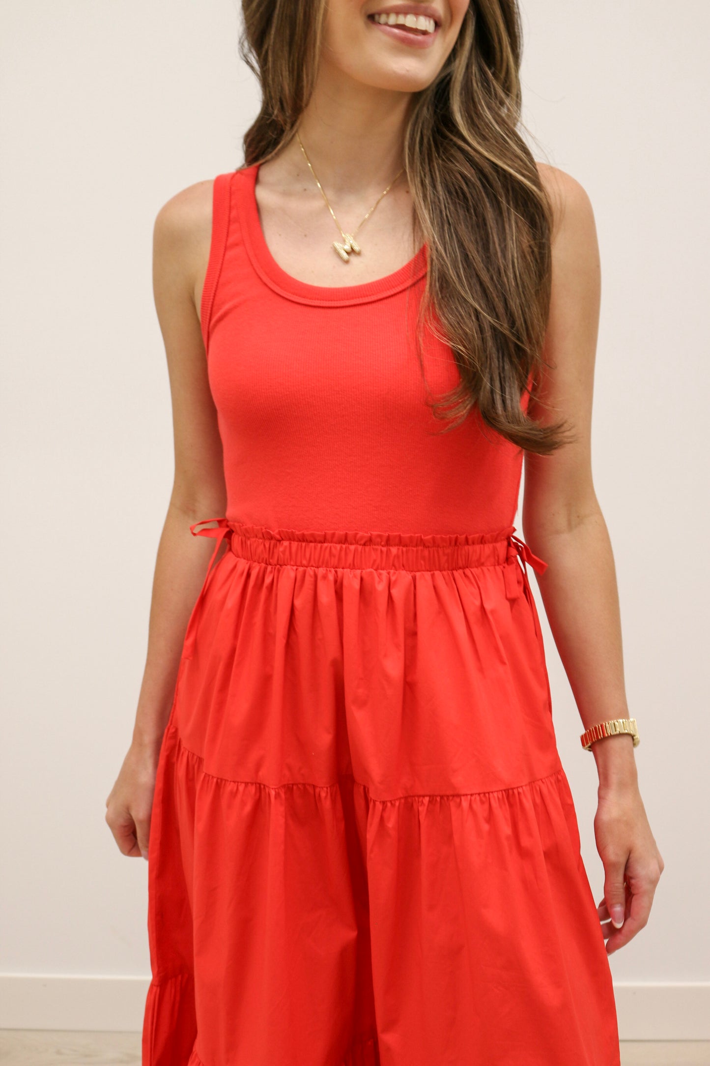 Chanler Sleeveless Knit Mixed Media Poplin Skirt Midi Dress - Red