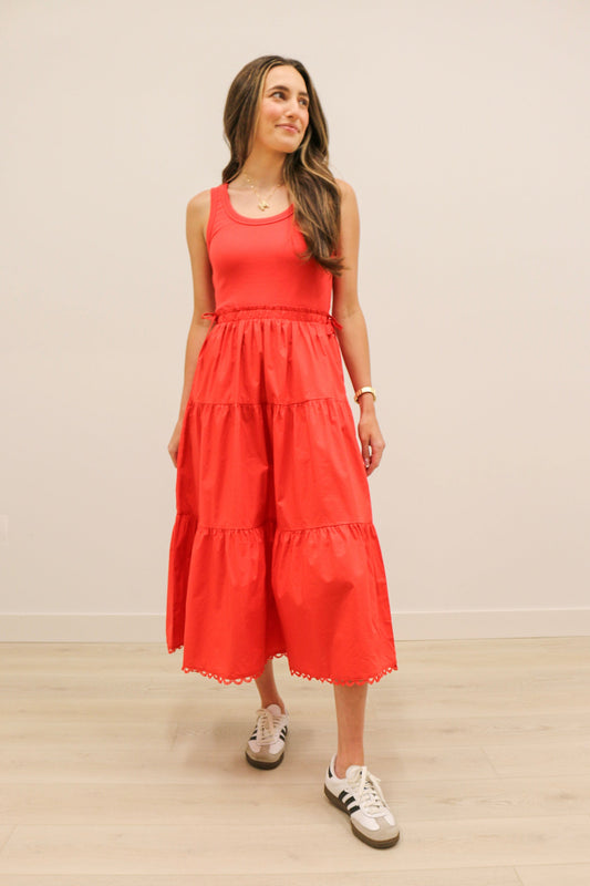 Chanler Sleeveless Knit Mixed Media Poplin Skirt Midi Dress - Red