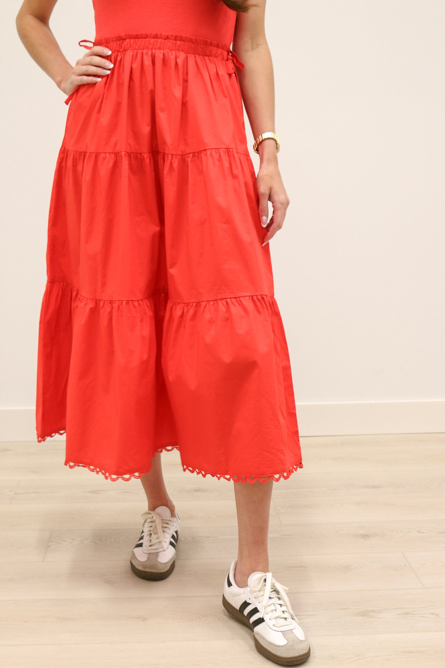 Chanler Sleeveless Knit Mixed Media Poplin Skirt Midi Dress - Red