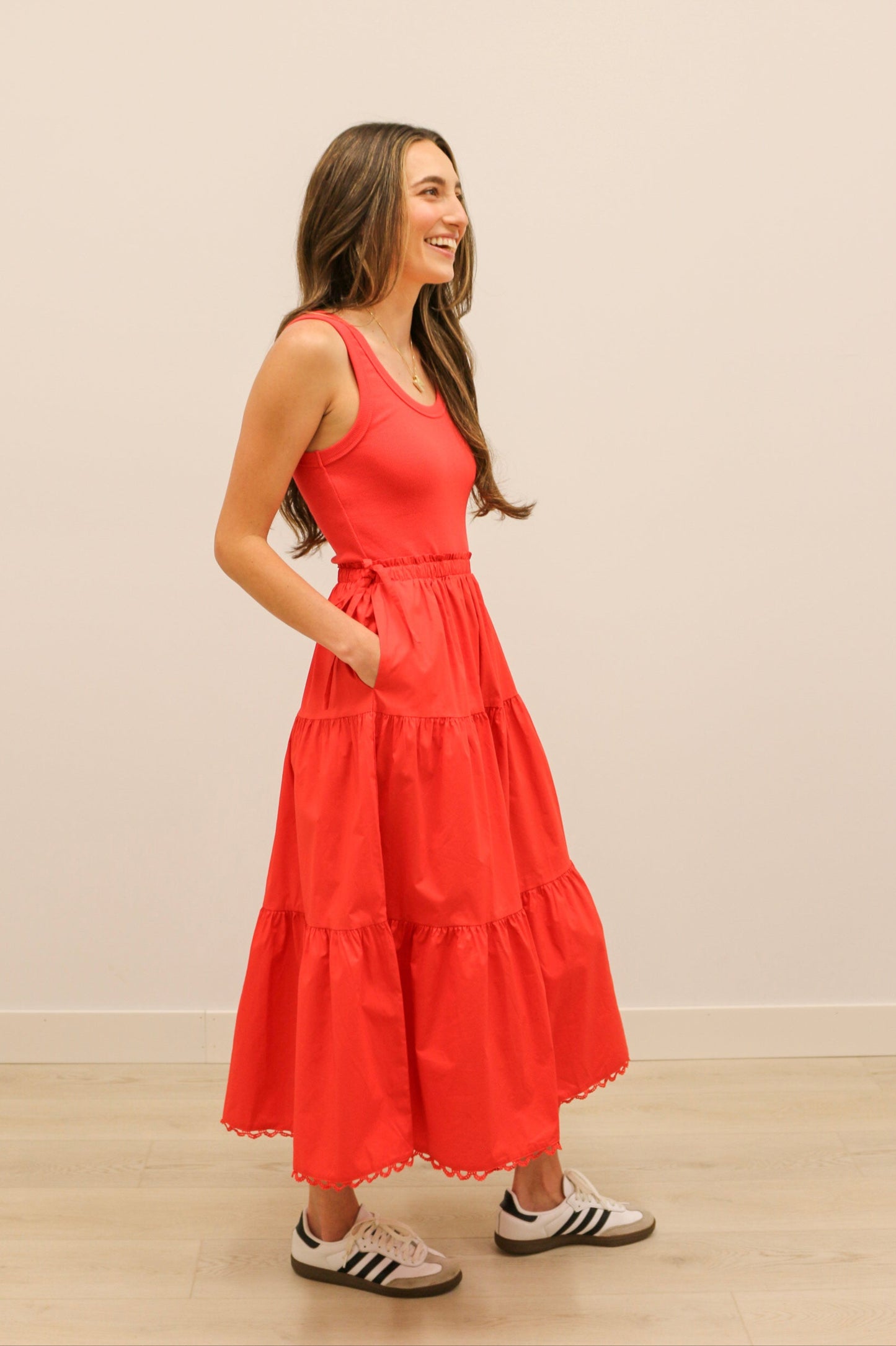 Chanler Sleeveless Knit Mixed Media Poplin Skirt Midi Dress - Red