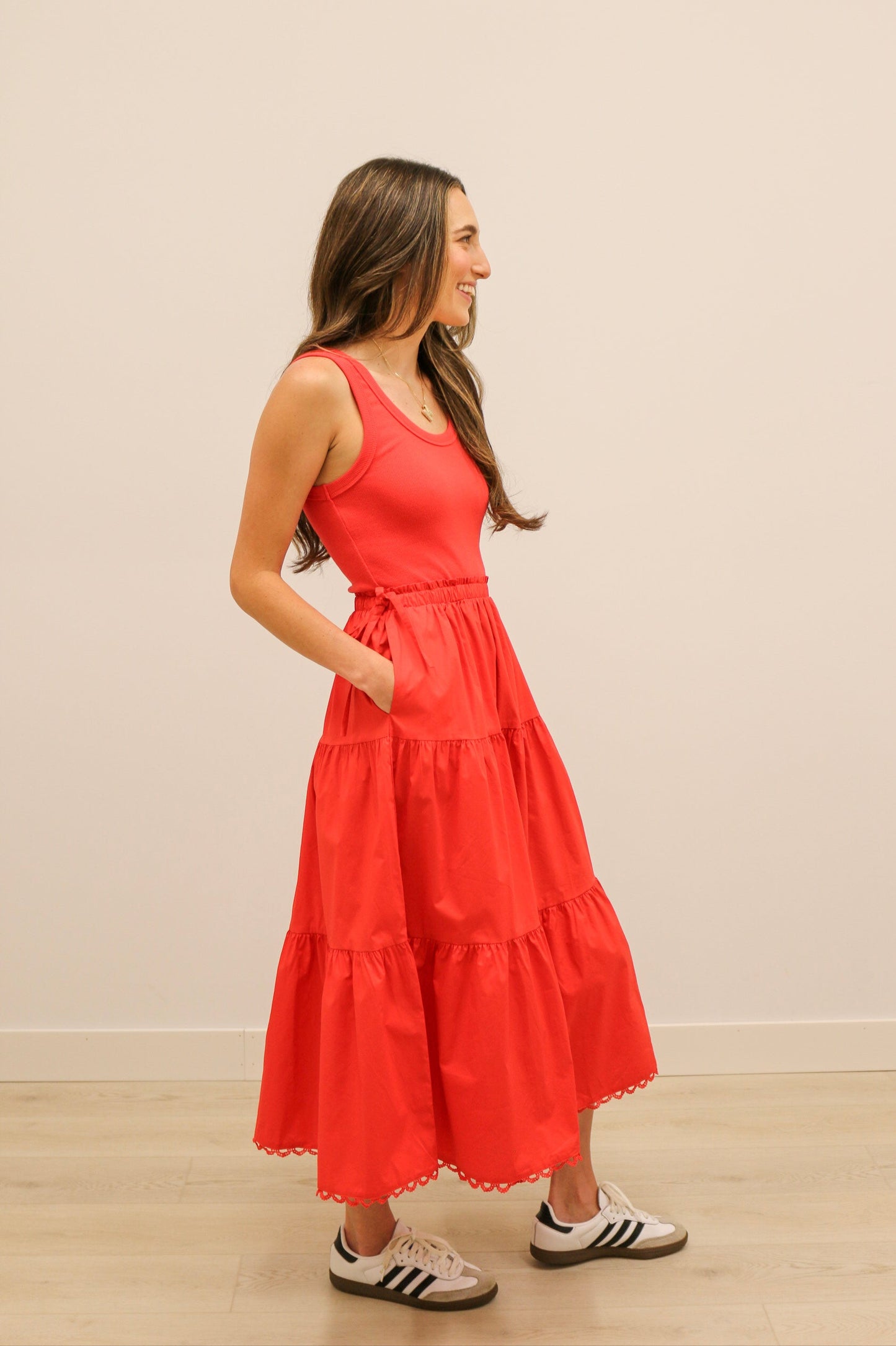 Chanler Sleeveless Knit Mixed Media Poplin Skirt Midi Dress - Red