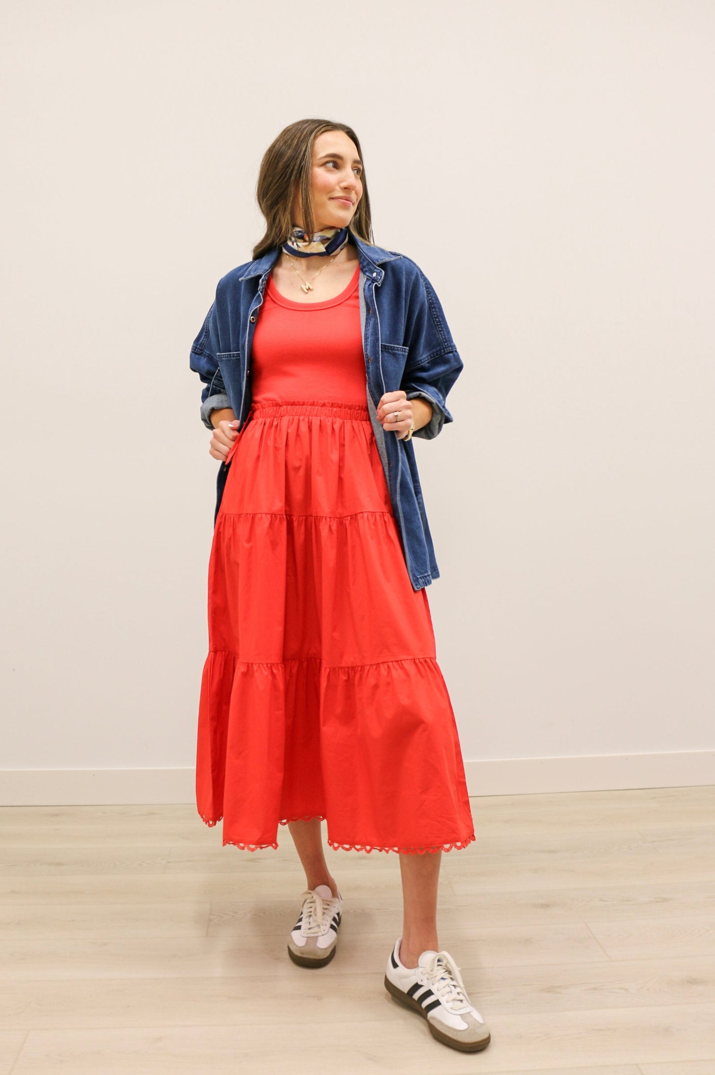 Chanler Sleeveless Knit Mixed Media Poplin Skirt Midi Dress - Red