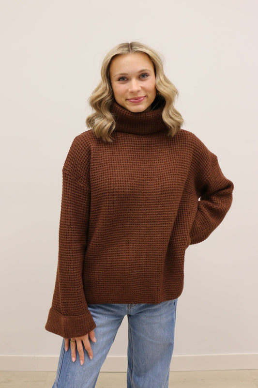 Clara Long Sleeve Chunky Knit Turtleneck Sweater - Chocolate Brown