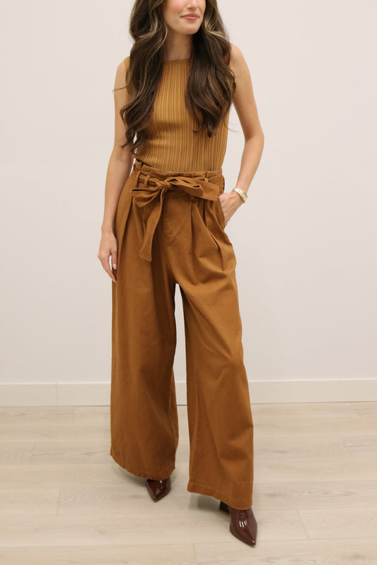 Cleo High Waisted Wide Leg Paper Bag Pants - Brown