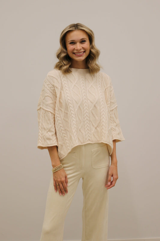 Corrin Cable Knit 3/4 Sleeve Knit Pullover Sweater - Cream