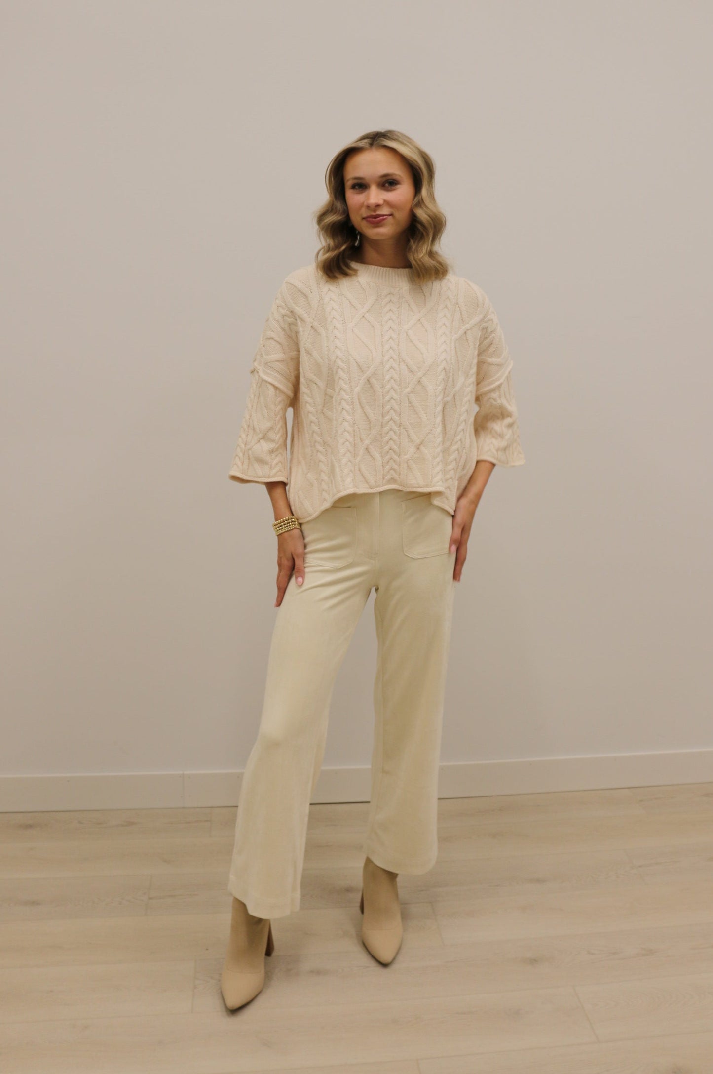 Corrin Cable Knit 3/4 Sleeve Knit Pullover Sweater - Cream