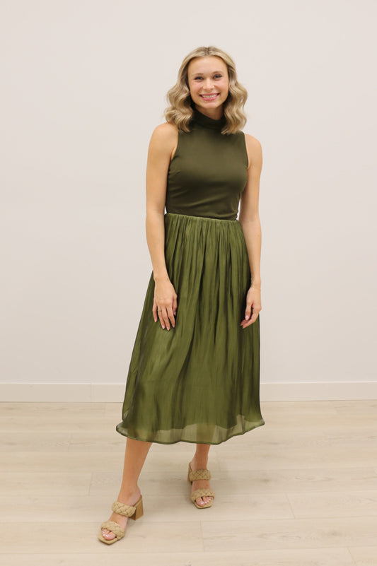 Farrah Mixed Media Taffeta Turtleneck Sleeveless Midi Dress - Olive Green