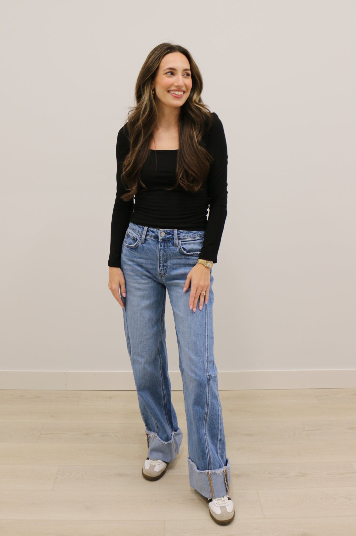 Final Touch Double Layer Square Neck Long Sleeve Knit Top - Black