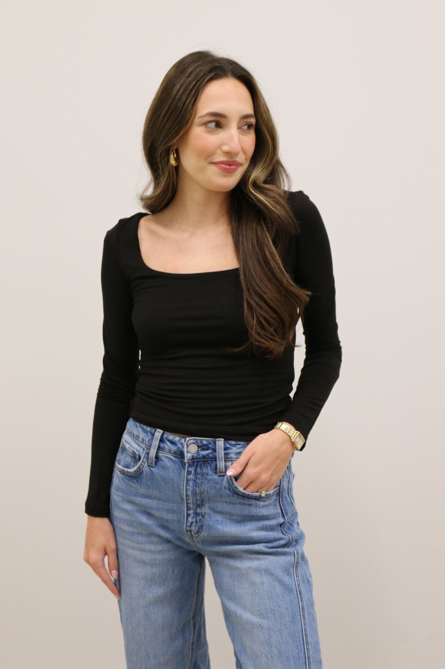 Final Touch Double Layer Square Neck Long Sleeve Knit Top - Black