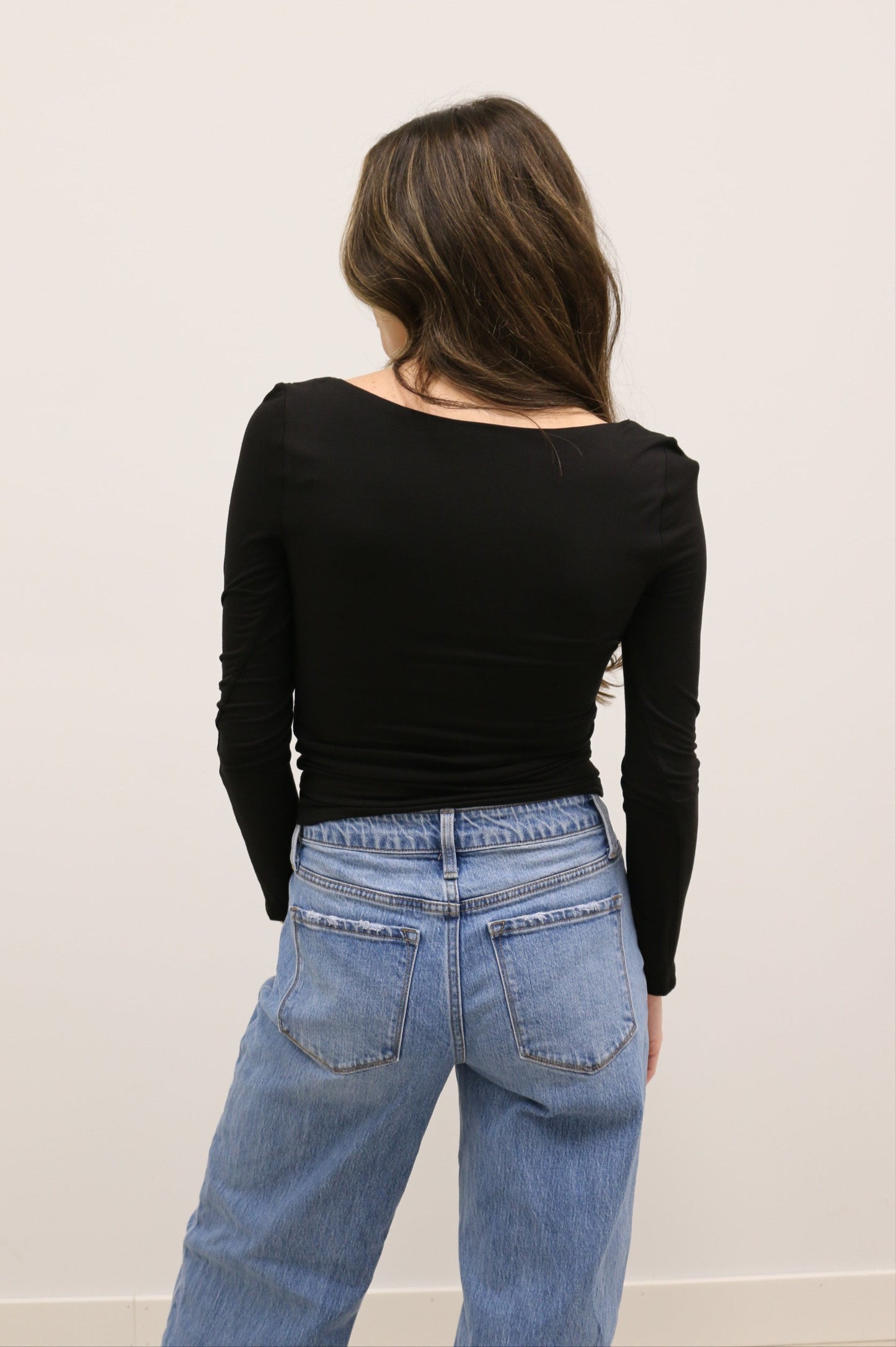 Final Touch Double Layer Square Neck Long Sleeve Knit Top - Black