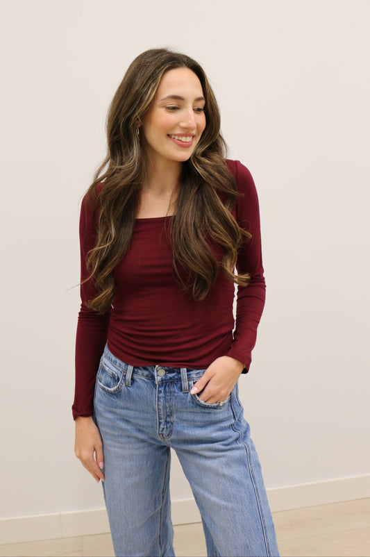 Final Touch Double Layer Square Neck Long Sleeve Knit Top - Burgundy Elderberry