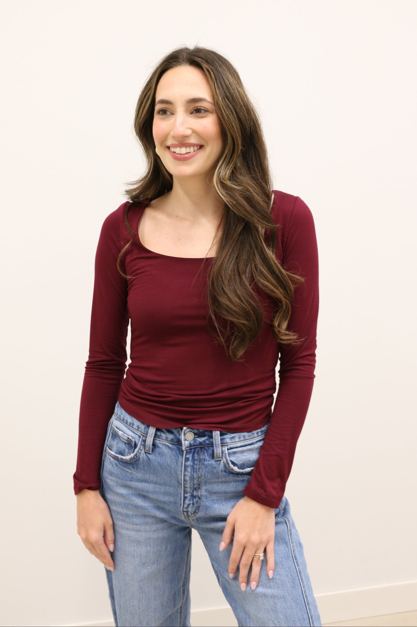 Final Touch Double Layer Square Neck Long Sleeve Knit Top - Burgundy Elderberry