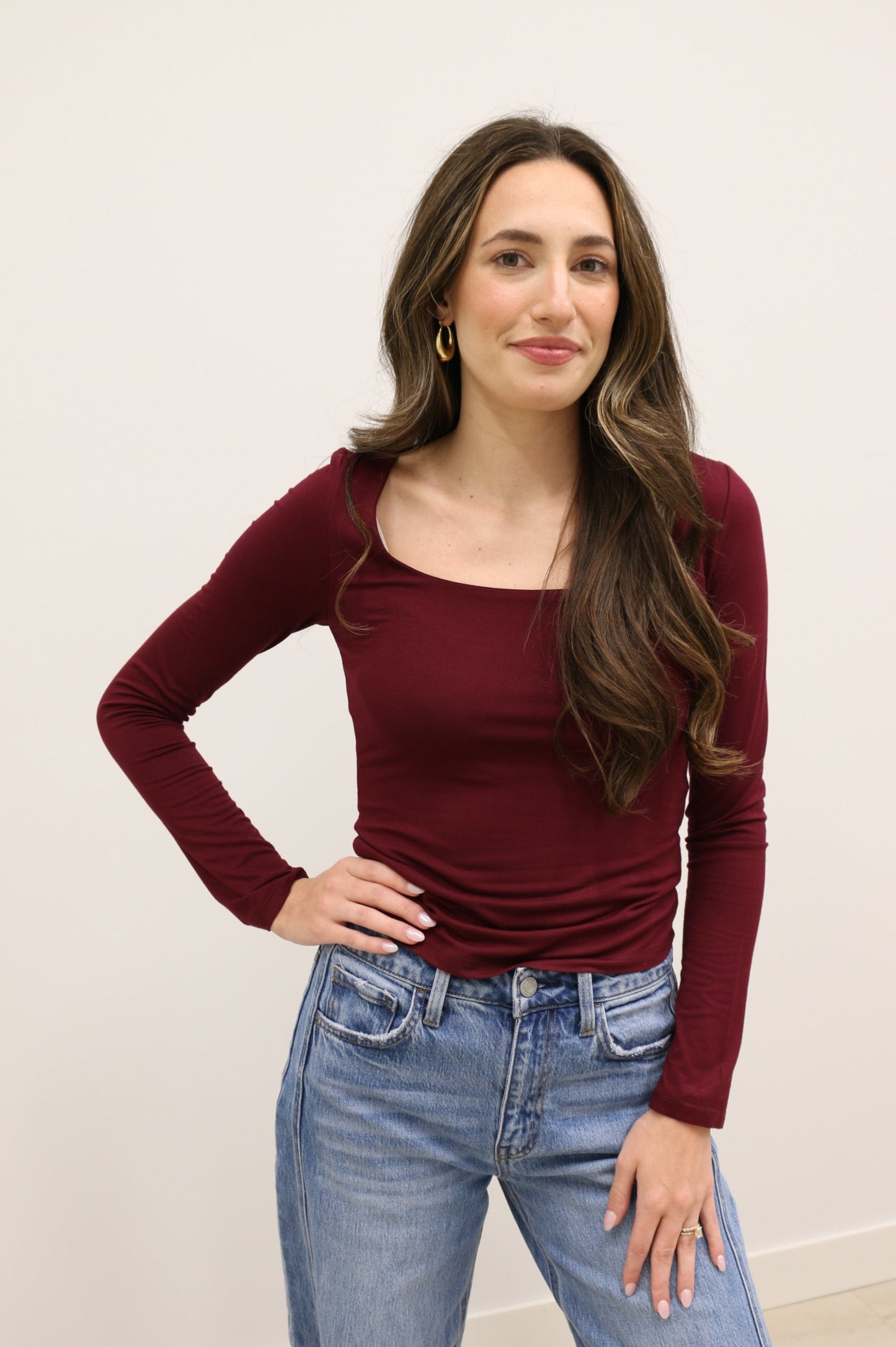 Final Touch Double Layer Square Neck Long Sleeve Knit Top - Burgundy Elderberry