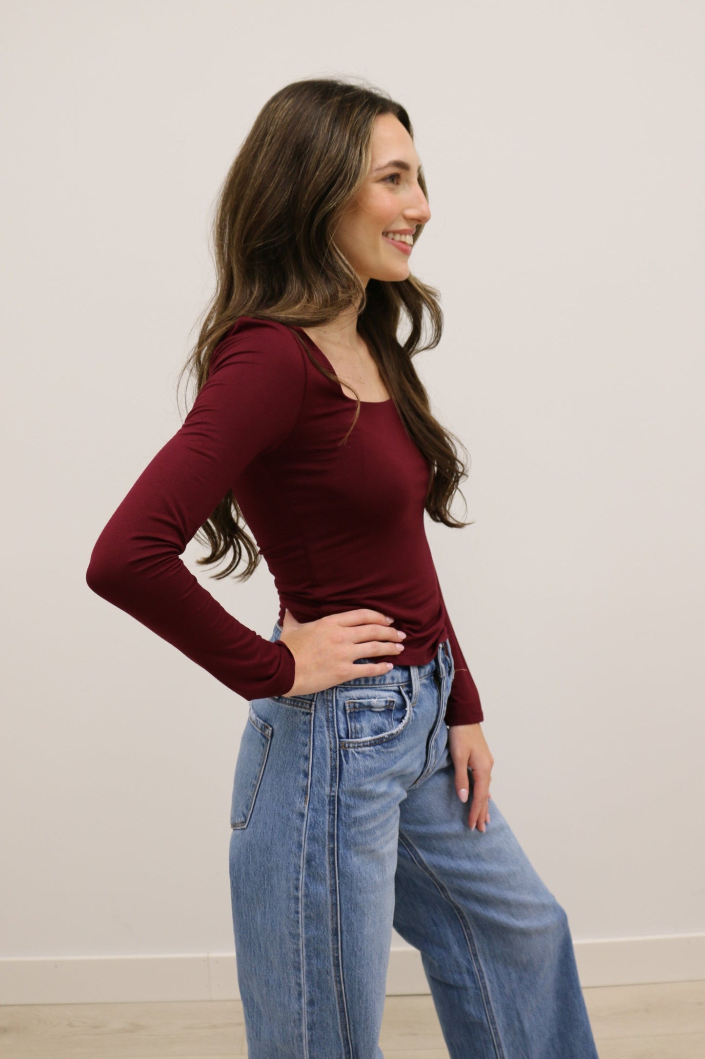 Final Touch Double Layer Square Neck Long Sleeve Knit Top - Burgundy Elderberry