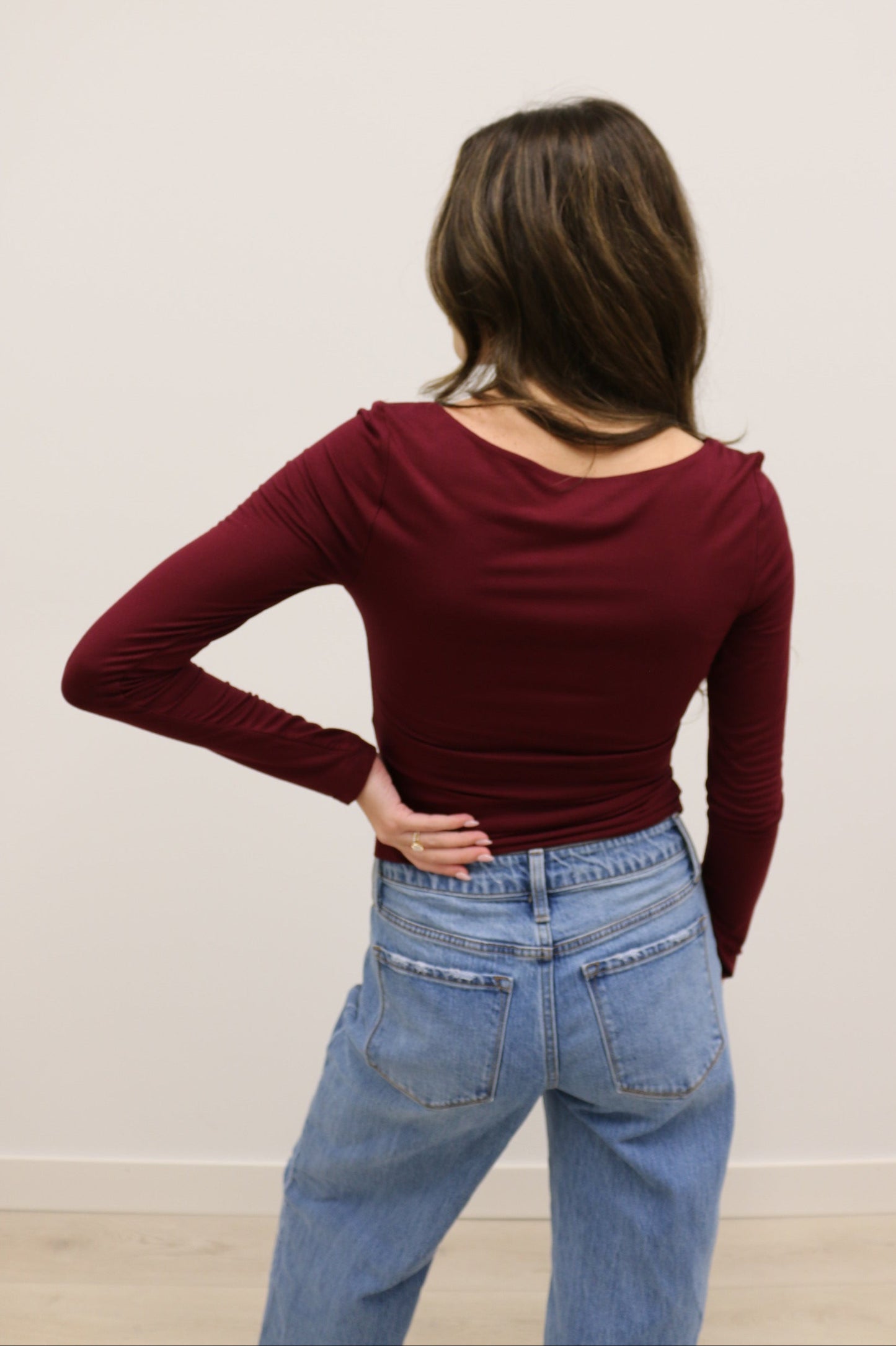 Final Touch Double Layer Square Neck Long Sleeve Knit Top - Burgundy Elderberry