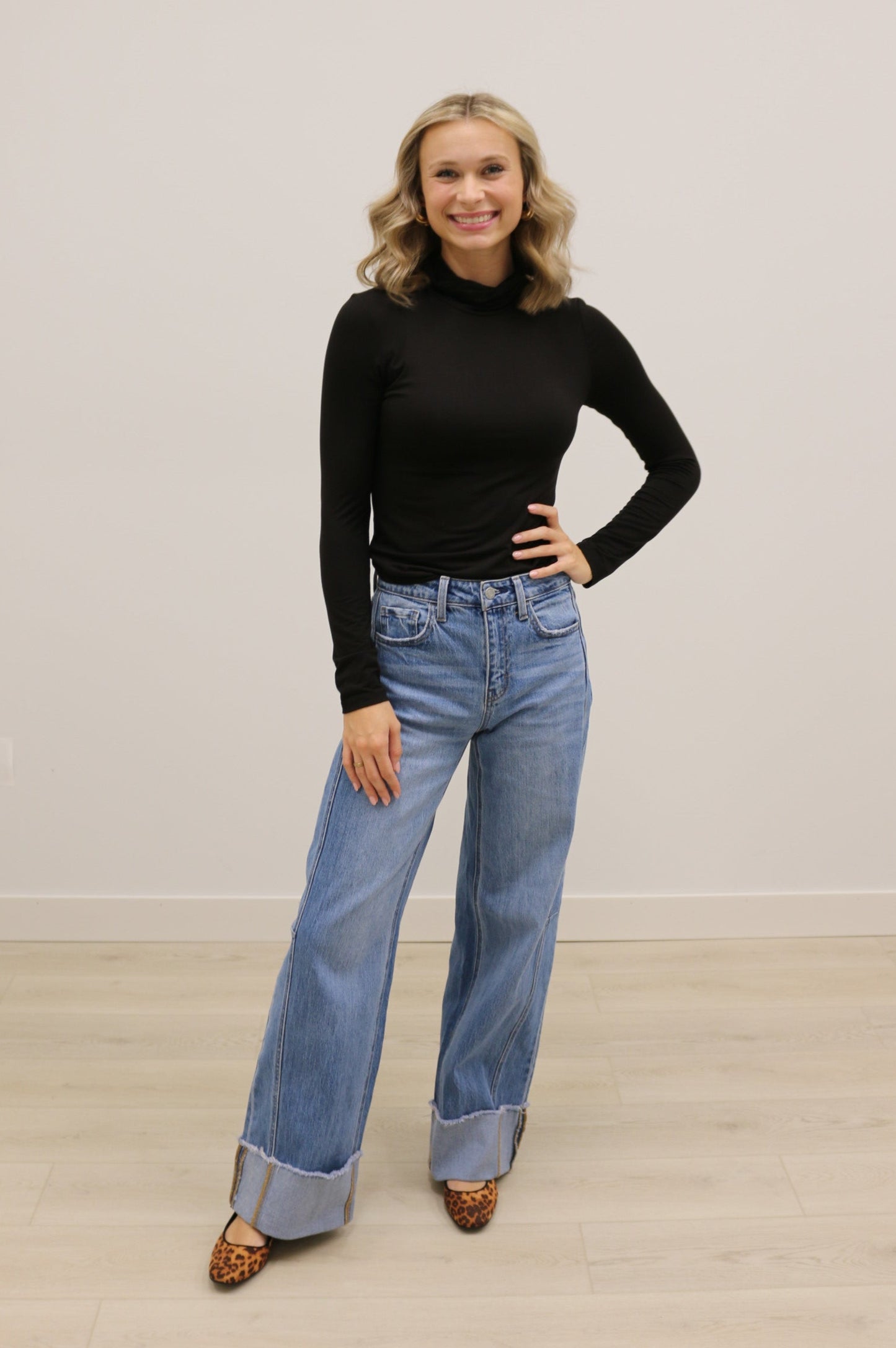 Final Touch Double Layer Turtleneck Long Sleeve Knit Top - Black