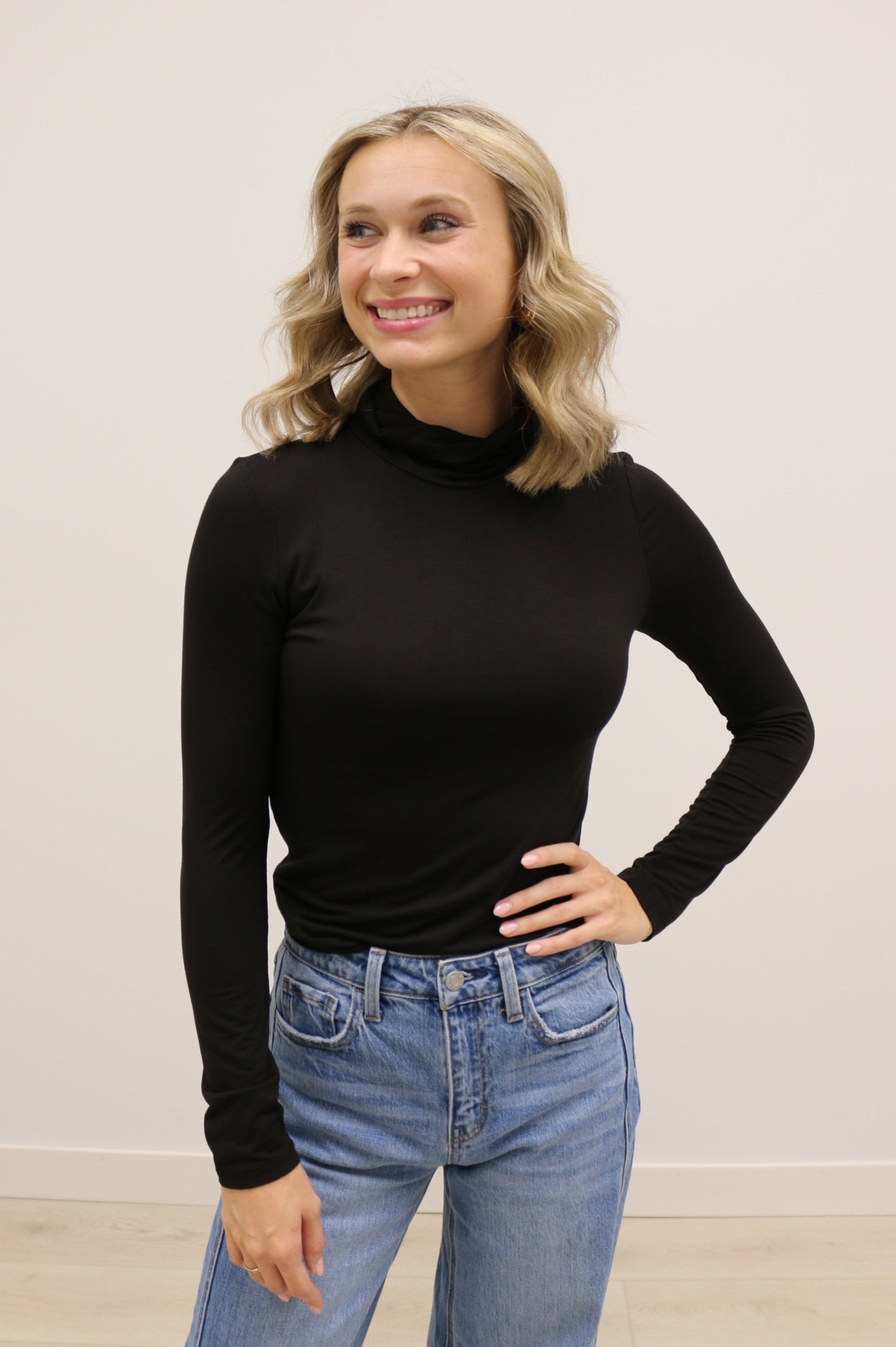 Final Touch Double Layer Turtleneck Long Sleeve Knit Top - Black