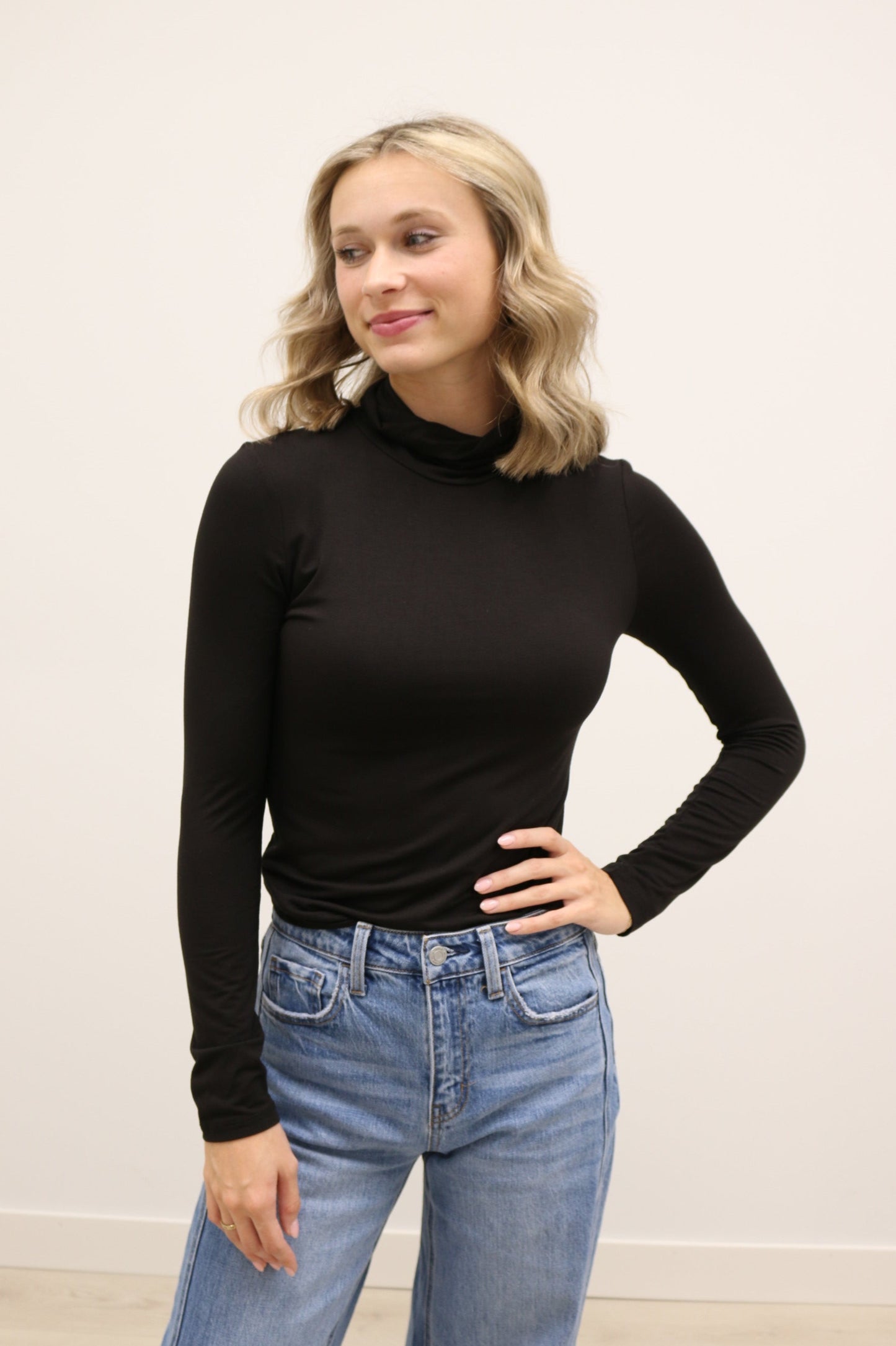 Final Touch Double Layer Turtleneck Long Sleeve Knit Top - Black