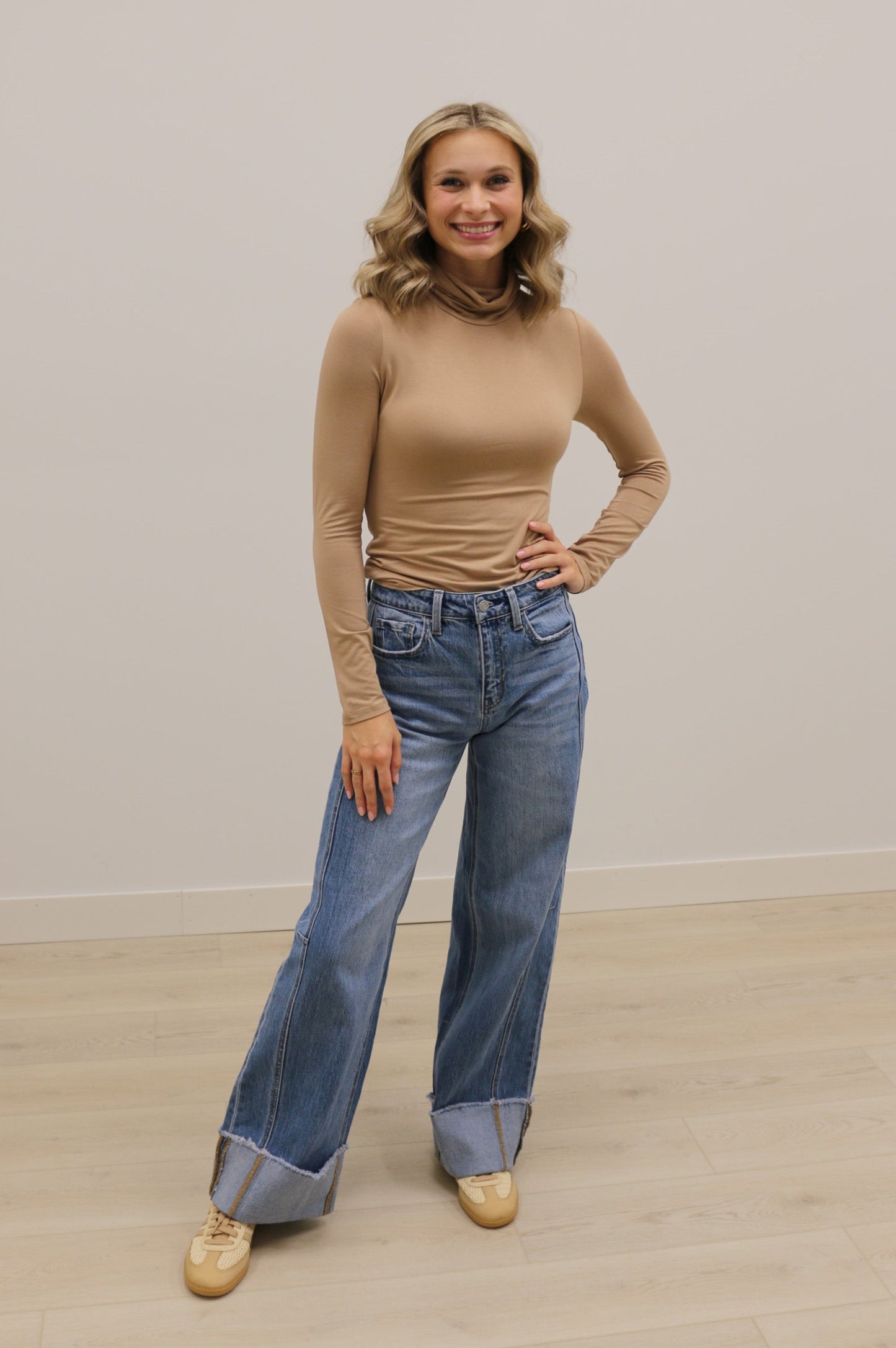 Final Touch Double Layer Turtleneck Long Sleeve Knit Top - New Taupe