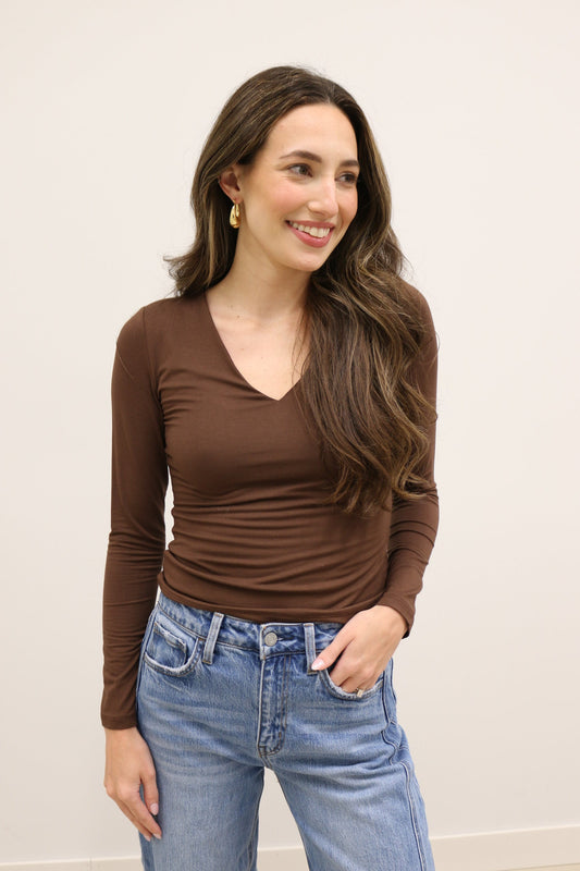 Final Touch Double Layer V-Neck Long Sleeve Knit Top - Brown