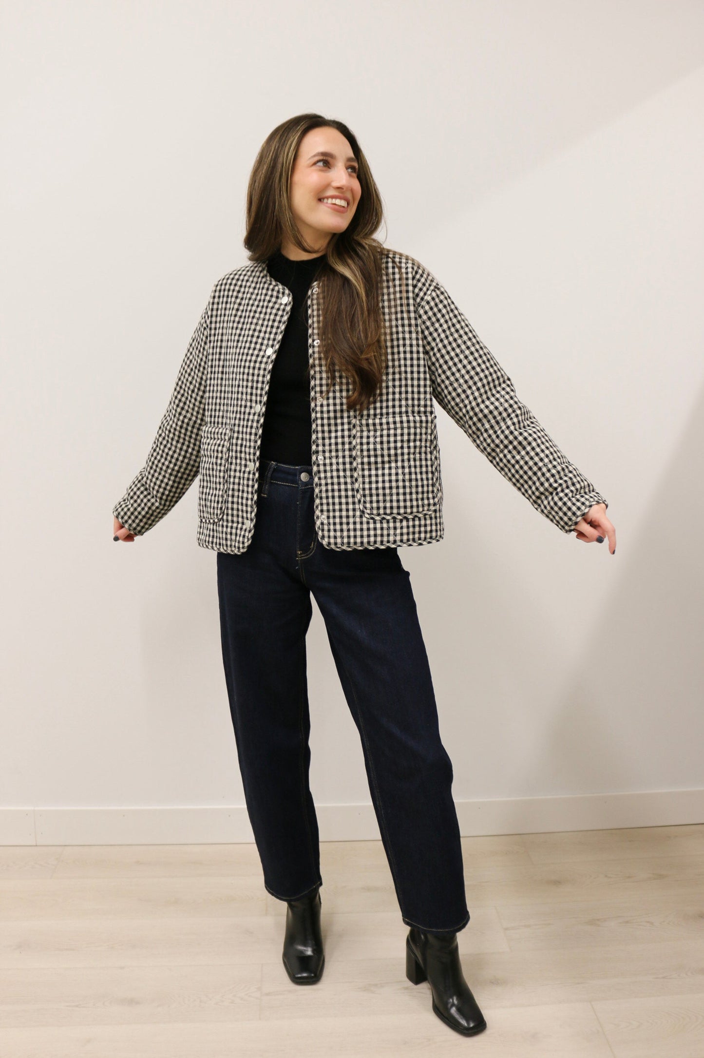 Parson Quilted Gingham Long Sleeve Snap Front Jacket - Black Multi