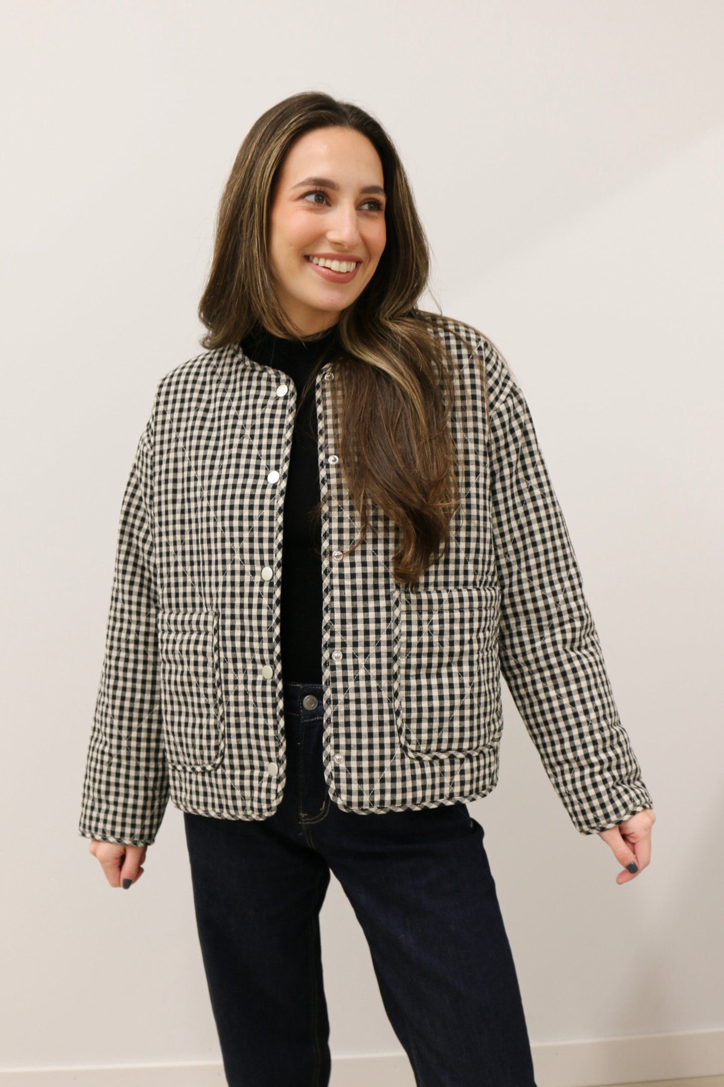 Parson Quilted Gingham Long Sleeve Snap Front Jacket - Black Multi