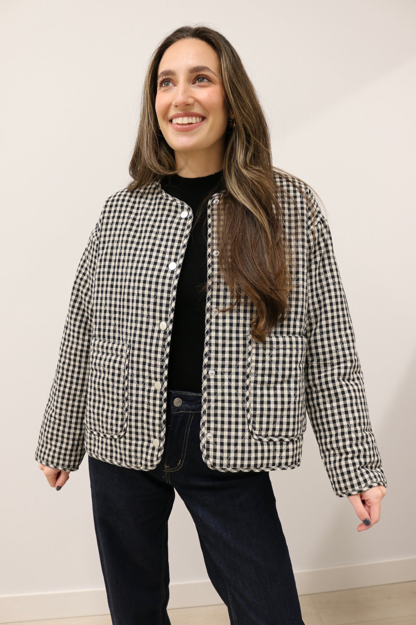 Parson Quilted Gingham Long Sleeve Snap Front Jacket - Black Multi