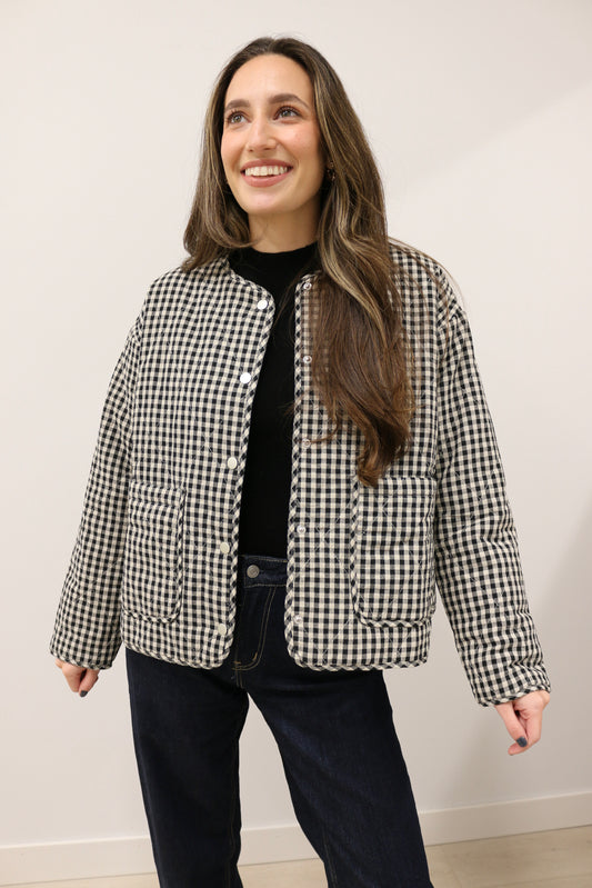 Parson Quilted Gingham Long Sleeve Snap Front Jacket - Black Multi