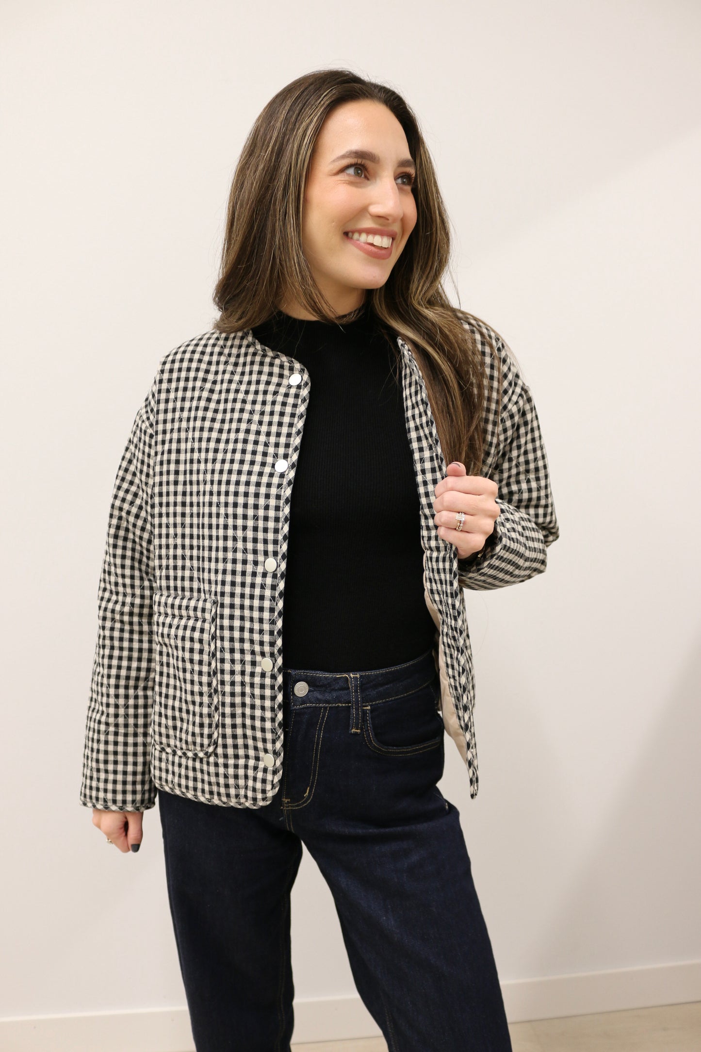Parson Quilted Gingham Long Sleeve Snap Front Jacket - Black Multi