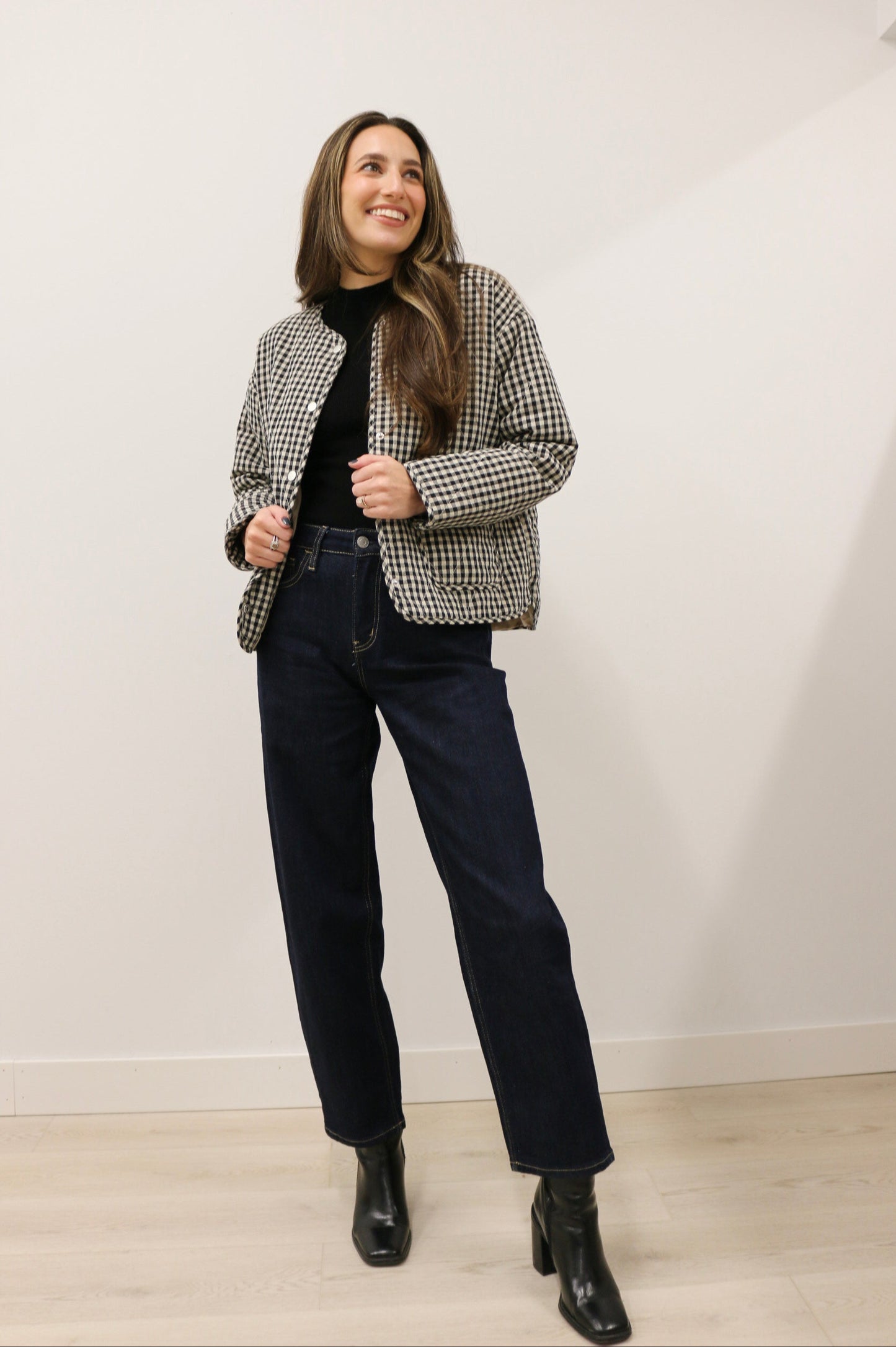 Parson Quilted Gingham Long Sleeve Snap Front Jacket - Black Multi